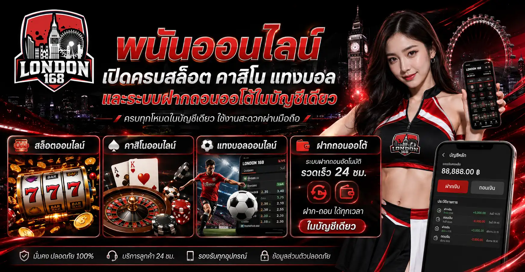 london168 เว็บพนันออนไลน์ เปิดครบสล็อต คาสิโน แทงบอล และระบบฝากถอนออโต้ในบัญชีเดียว