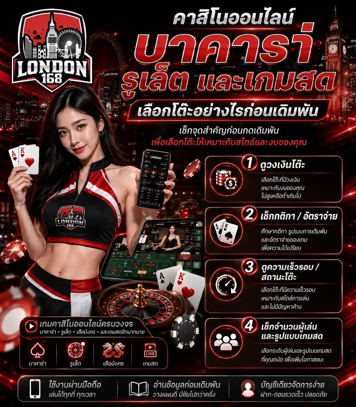 คาสิโนออนไลน์ บาคาร่า รูเล็ต และเกมสด เลือกโต๊ะอย่างไรก่อนเดิมพัน
