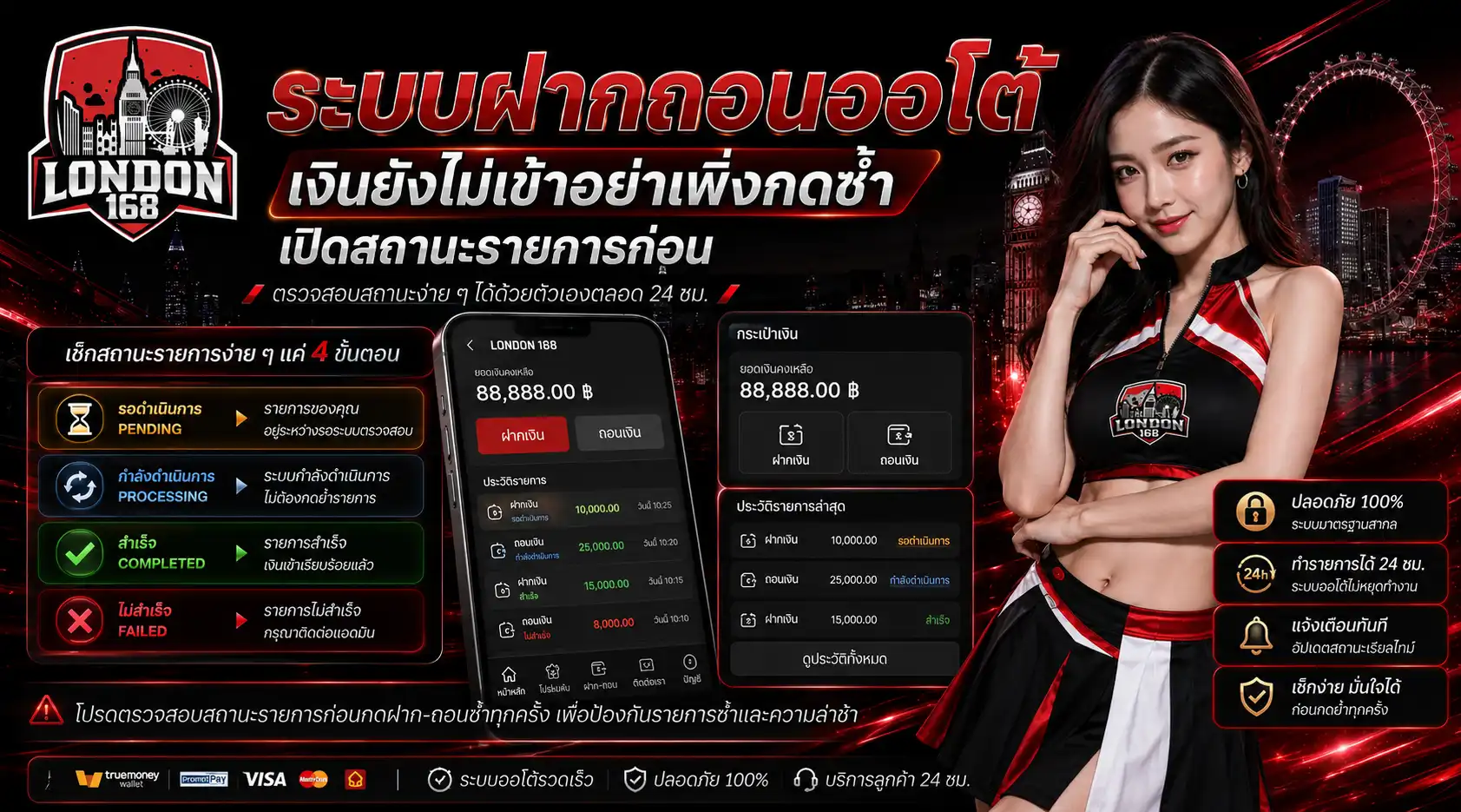 ระบบฝากถอนออโต้ london168 เงินยังไม่เข้าอย่าเพิ่งกดซ้ำ เปิดสถานะรายการก่อน